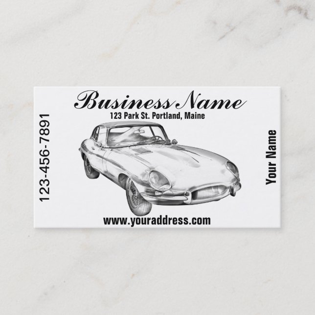 1964 Jaguar XKE Antique Sports Car Illustration Business Card (Front)