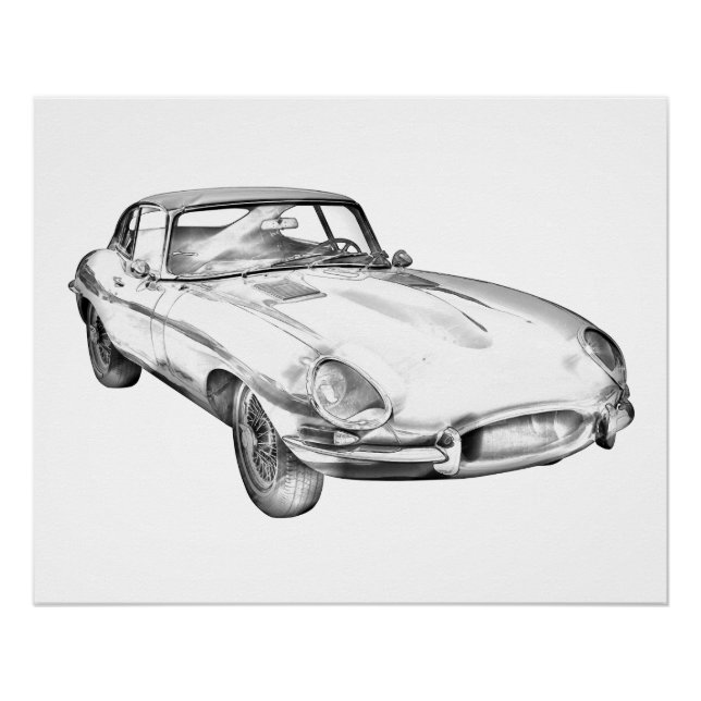 1964 Jaguar XKE Antique Sports Car Illustration Poster (Front)
