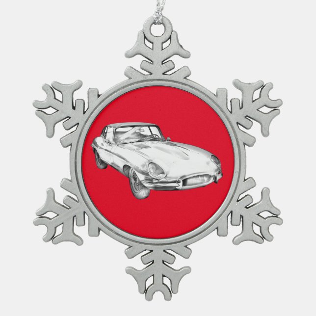 1964 Jaguar XKE Antique Sports Car Illustration Snowflake Pewter Christmas Ornament (Front)