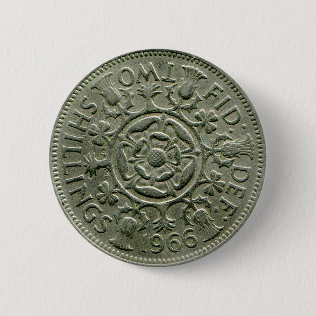1966 British two shilling button (Front)