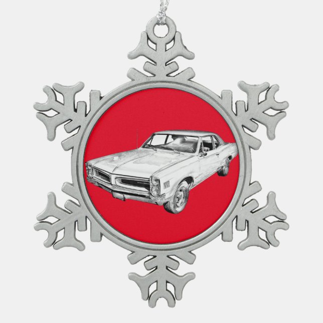 1966 Pontiac Lemans Muscle Car Illustration Snowflake Pewter Christmas Ornament (Front)