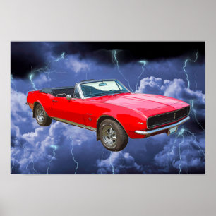 1967 red Camaro Muscle Car and Lightning Bolts Poster