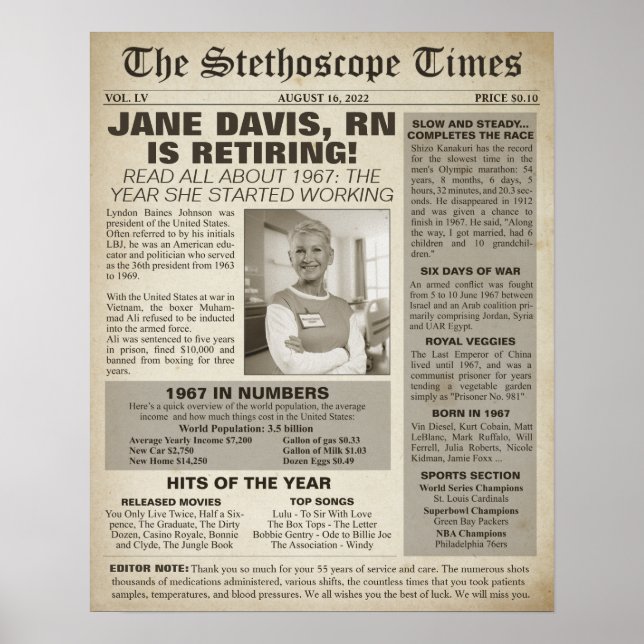 1967 Stethoscope Times for Nurse Retirement Party  Poster (Front)