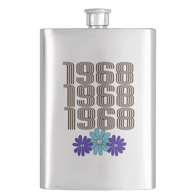 1968 Hippie Flower Power Peace Sign Aqua Purple Hip Flask (Front)