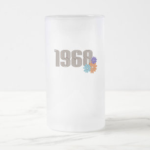 1968 Hippie Peace Sign Flower Orange Aqua Purple Frosted Glass Beer Mug