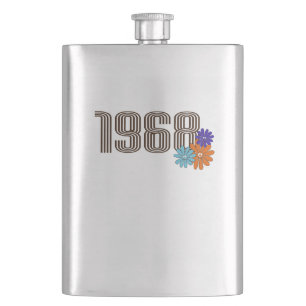 1968 Hippie Peace Sign Flower Orange Aqua Purple Hip Flask