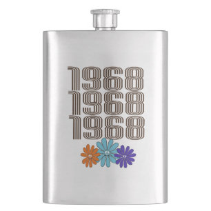 1968 Hippie Peace Sign Flowers Orange Aqua Purple Hip Flask