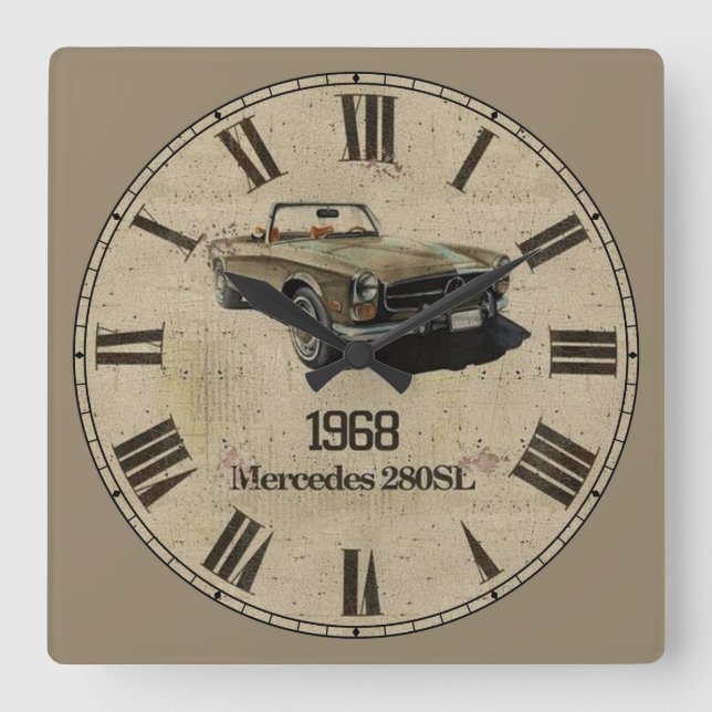 1968 Mercedes 280SL Roman Numeral Square Wall Clock (Front)