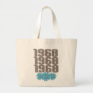 1968 Peace Sign Aqua Hippie Flower Power Large Tote Bag