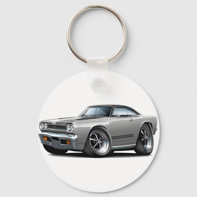 1968 Plymouth GTX Silver-Black Hood Car Key Ring (Front)