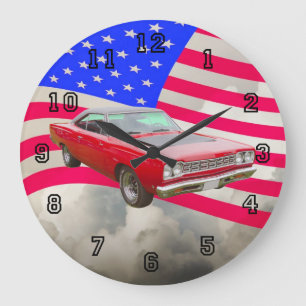 1968 Plymouth Roadrunner And American Flag Large Clock