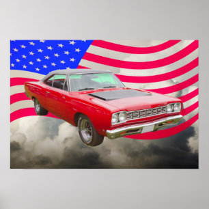 1968 Plymouth Roadrunner And American Flag Poster