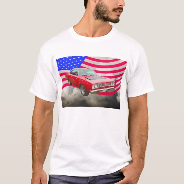 1968 Plymouth Roadrunner And American Flag T-Shirt (Front)