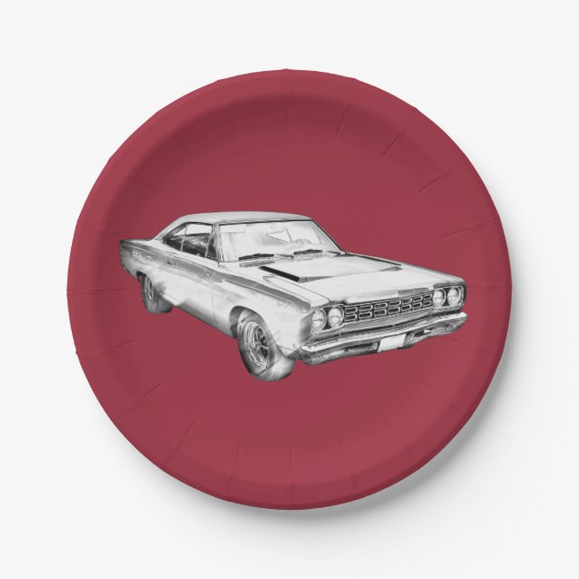 1968 Plymouth Roadrunner Muscle Car Illustration Paper Plate (Front)