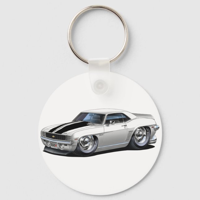 1969 Camaro White-Black Car Key Ring (Front)