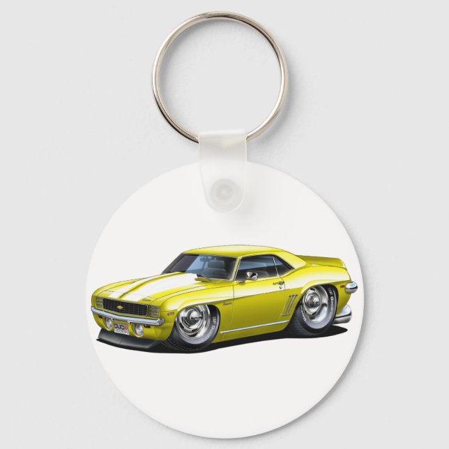 1969 Camaro Yellow-White Car Key Ring (Front)