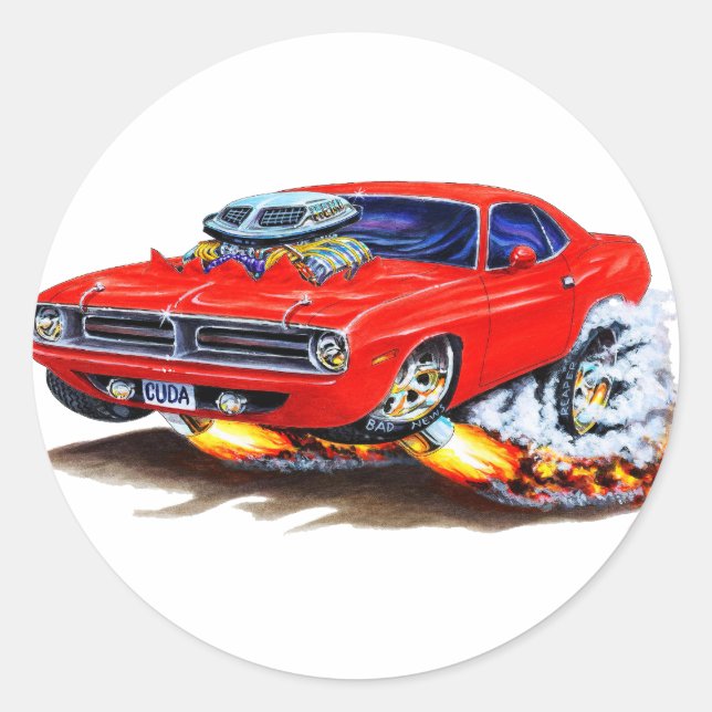 1970 Cuda Red Car Classic Round Sticker (Front)
