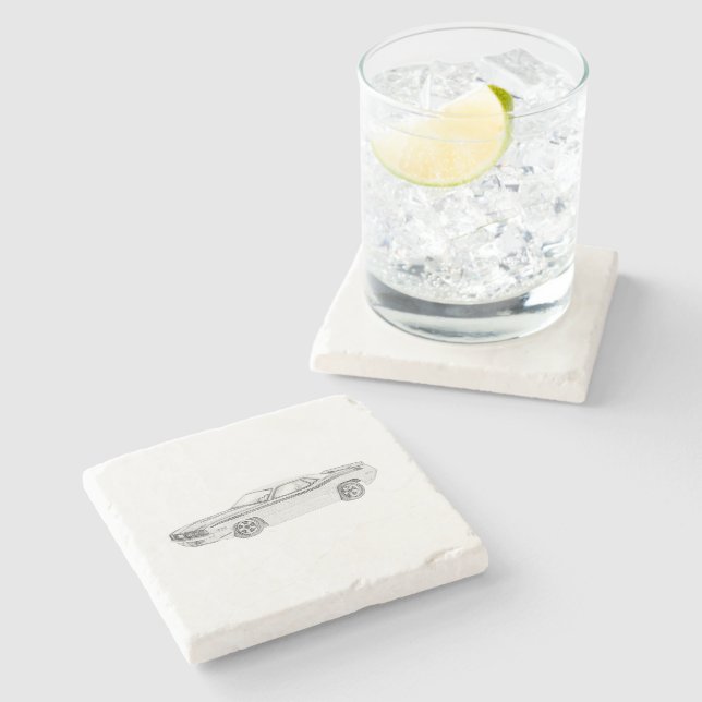 1970 Plymouth Barracuda Black and White Drawing Stone Coaster (Side)