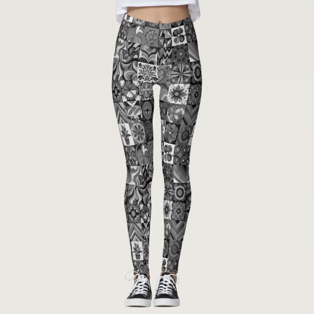 1970s Black+White Pattern Retro Style Custom Tight Leggings (Front)