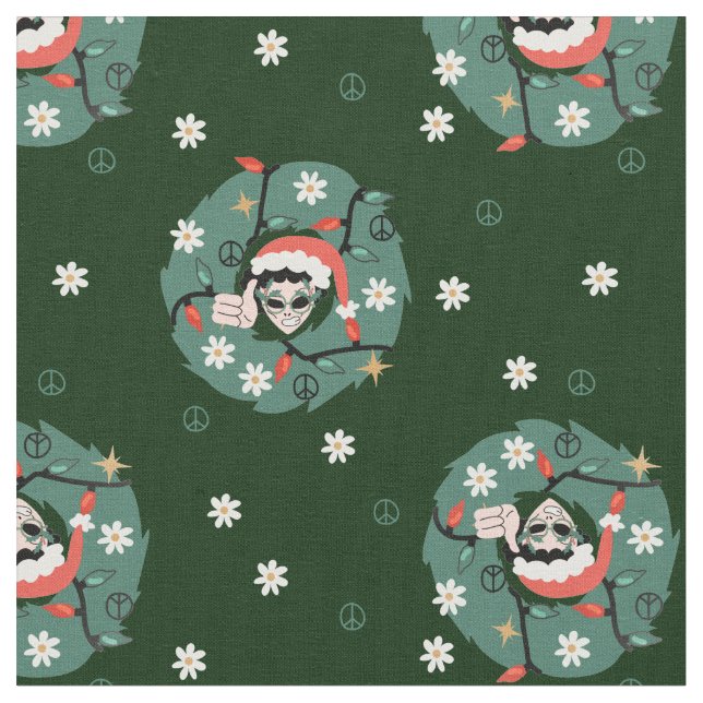 1970s christmas wreath santa alien  fabric (Close Up)