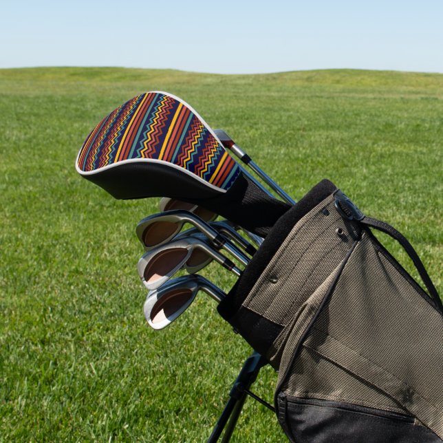 1970s Colourful Retro horizontal Stripes and zigza Golf Head Cover (In Situ)