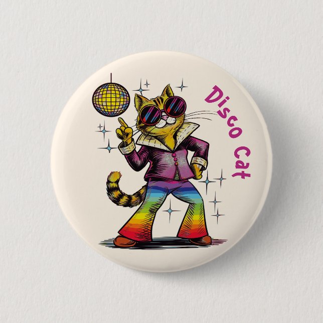 1970's Disco cat, seventies style discotech 6 Cm Round Badge (Front)