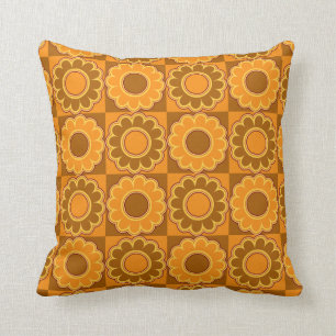 1970s flower power brown and orange retro cushion