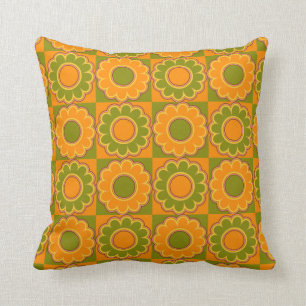 1970s flower power orange and olive green retro cushion