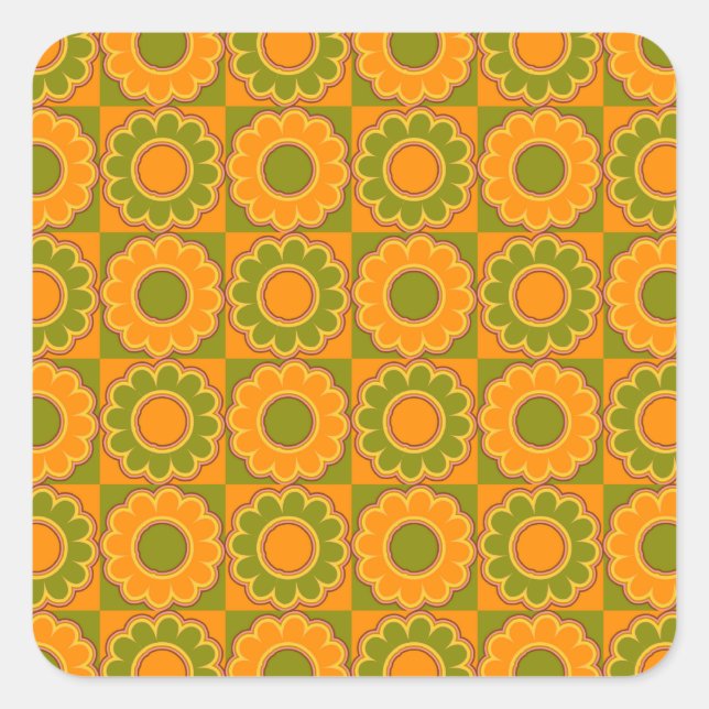 1970s flower power orange and olive green retro square sticker (Front)