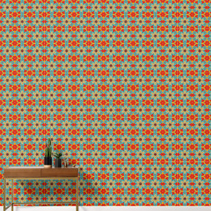 1970s Flower Tile Motif: Enamel Look Floral Tiling Wallpaper