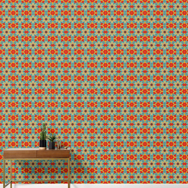 1970s Flower Tile Motif: Enamel Look Floral Tiling Wallpaper (Hallway)