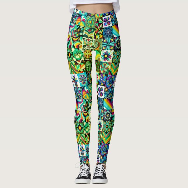 1970s Green Pattern Retro Style on Custom Tight Leggings (Front)