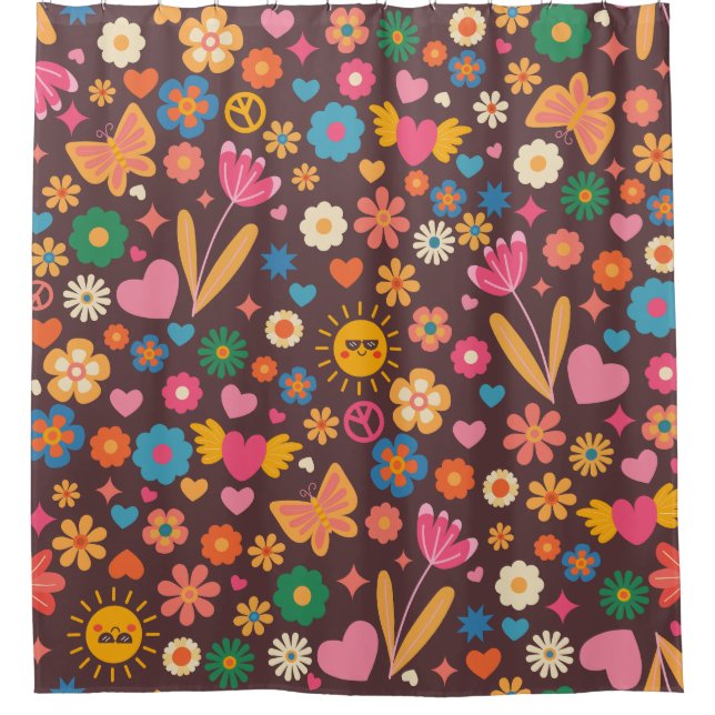 1970s groovy peace sign sun vintage hippie brown shower curtain (Front)