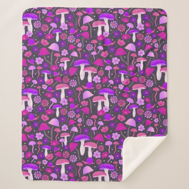 1970s Mushrooms & Flowers Pink, Purple & Black Sherpa Blanket (Front)