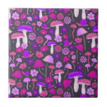 1970s Mushrooms Psychedelic Purple, Pink & Black Tile<br><div class="desc">This ceramic tile is decorated with trippy,  psychedelic illustrated mushrooms and flowers in shades of hot pink and bold purple against a black background.</div>