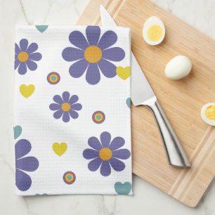 1970s Purple Flower Power Retro Pattern Tea Towel