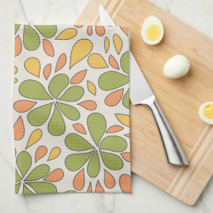 1970s Retro Abstract Flowers Green Yellow Pink Tea Towel