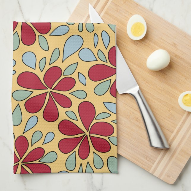 1970s Retro Abstract Flowers Red Blue Green Yellow Tea Towel (Quarter Fold)