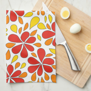 1970s Retro Abstract Flowers Red Orange Yellow Tea Towel