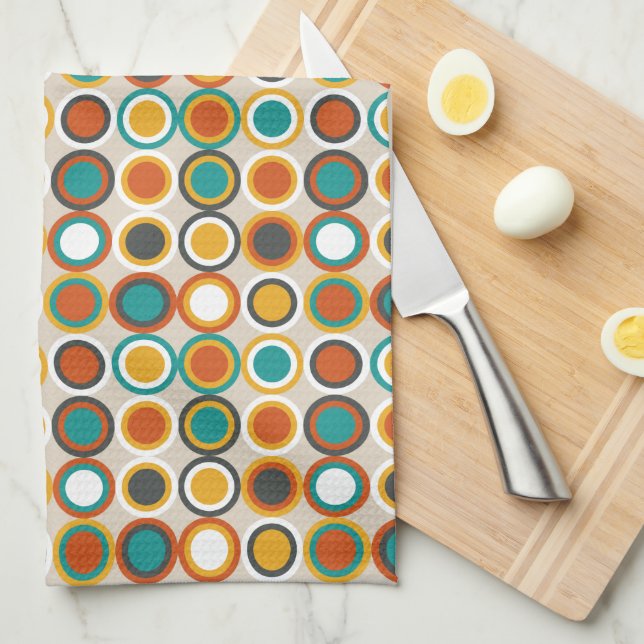 1970s Retro Circles Pattern Orange Brown Teal Tea Towel (Quarter Fold)