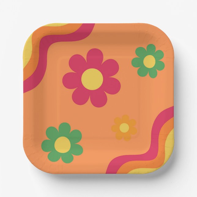 1970s Retro Disco Party Floral Rainbow Plates (Front)