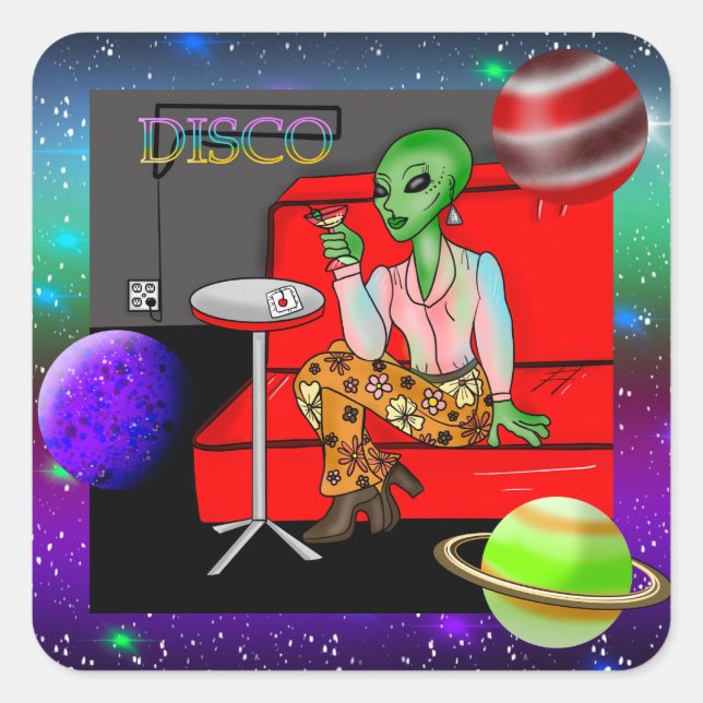 1970's Retro Extraterrestrial in Disco Lounge Square Sticker (Front)