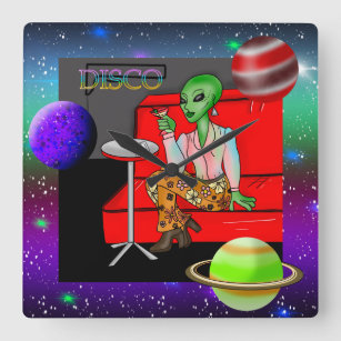 1970's Retro Extraterrestrial in Disco Lounge Square Wall Clock
