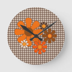 1970s Retro Flowers Groovy Brown & Orange Floral Round Clock