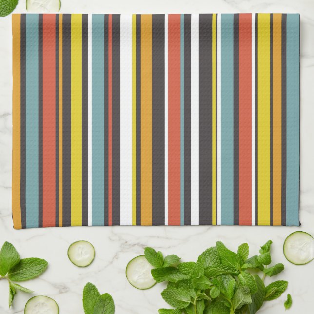 1970s Retro Orange Brown Aqua Yellow Stripes Tea Towel (Folded)