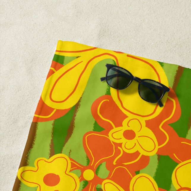 1970s Retro Orange Yellow  Flowers Beach Towel (In Situ)