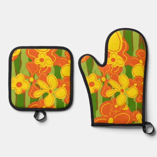 1970s Retro Orange Yellow Flowers Oven Mitt & Pot Holder Set (Front)