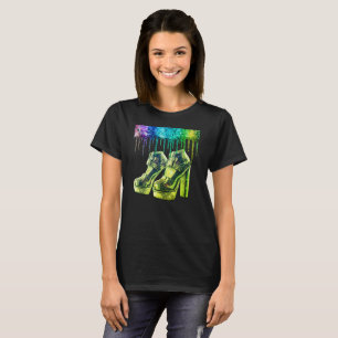 1970s Retro Style Stack Shoes For Women on a Black T-Shirt