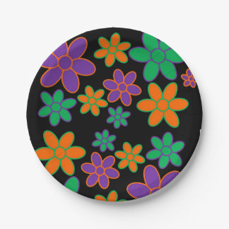 1970s Style Flowers Black Background Paper Plates
