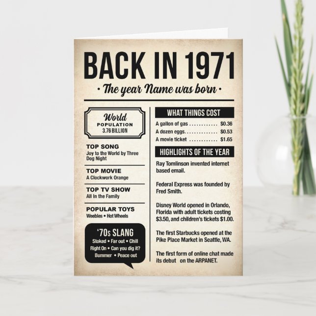 1971 Back in the Day, Fun Facts Birthday Card (Front)